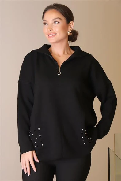 CEPLERİ TAŞ İŞLEMELİ SİYAH KADIN KAZAK 5220-2K5 - Resim 4