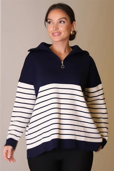 YAKASI FERMUARLI UZUN KOLLU LACİ KADIN KAZAK 5221-2K5 - 4