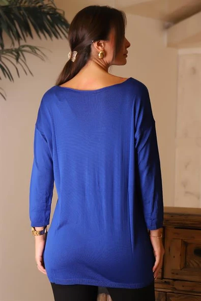 GENİŞ YAKA UZUN KOLLU SAKS KADIN KAZAK 100160-2K5 - Resim 5