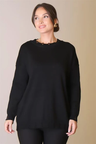 BİSİKLET YAKA UZUN KOLLU SİYAH KADIN KAZAK  6167-2K5 ürün görseli