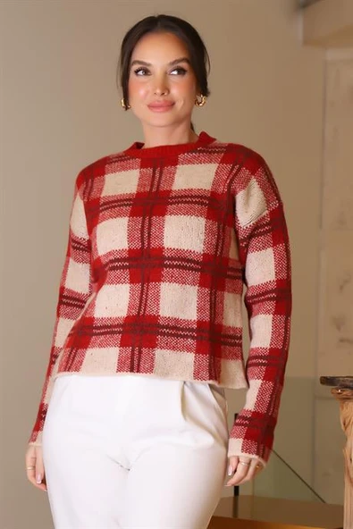 SIFIR YAKA EKOSE KIRMIZI KADIN TRİKO KAZAK 5139-2K5 ürün görseli