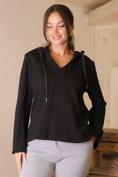 UZUN KOLLU KAPÜŞONLU SİYAH KADIN SWEATSHİRT  8099-2K4 - 3