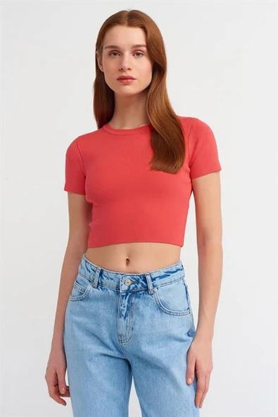 Bisiklet Yaka Kısa Kol Crop Kırmızı Kazak 10357-2Y4 ürün görseli