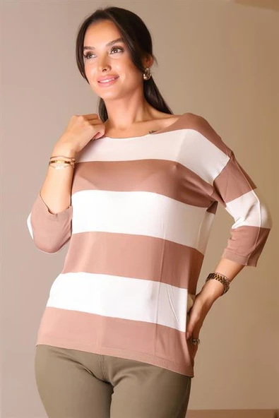 SIFIR YAKA YARIM KOLLU KAHVE KADIN TRİKO 184-2K5 - 2