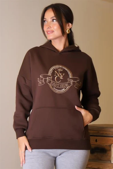 CEPLİ KAPÜŞONLU KAHVE KADIN SWEATSHİRT 3040-2K5 - 2