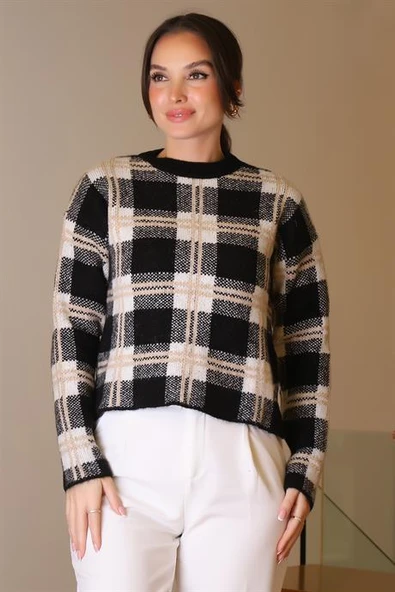 SIFIR YAKA EKOSE SİYAH KADIN TRİKO KAZAK5139-2K5 - Resim 3