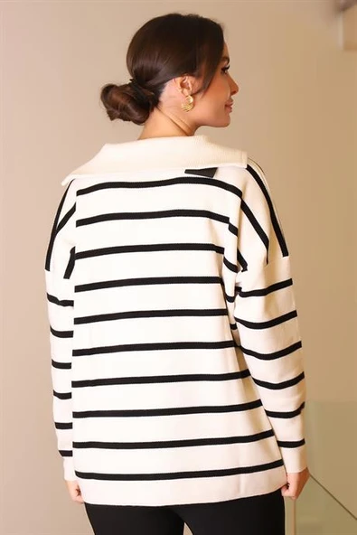 ÇİZGİLİ UZUN KOLLU TAŞ KADIN KAZAK  6081-2K5 - Resim 5