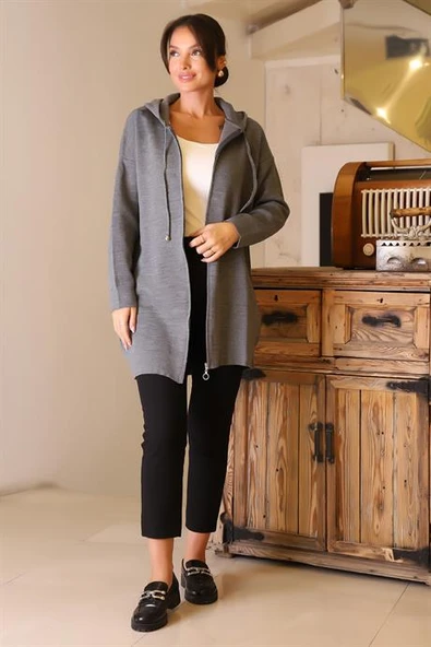 FERMUARLI KAPÜŞONLU GRİ KADIN HIRKA 6176-2K5 - 3