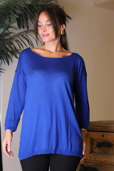 GENİŞ YAKA UZUN KOLLU SAKS KADIN KAZAK 100160-2K5 - Resim 2