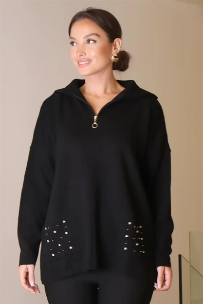 CEPLERİ TAŞ İŞLEMELİ SİYAH KADIN KAZAK 5220-2K5 - Resim 2