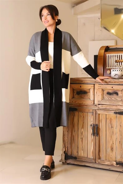 ŞAL YAKA UZUN KOLLU SİYAH KADIN HIRKA 6172-2K5 - Resim 3