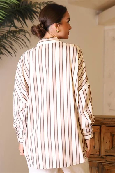 ARKASI UZUN ÇİZGİLİ KADIN GÖMLEK  33797-2Y4 - Resim 5