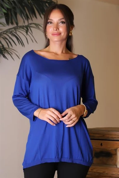 GENİŞ YAKA UZUN KOLLU SAKS KADIN KAZAK 100160-2K5 - Resim 4