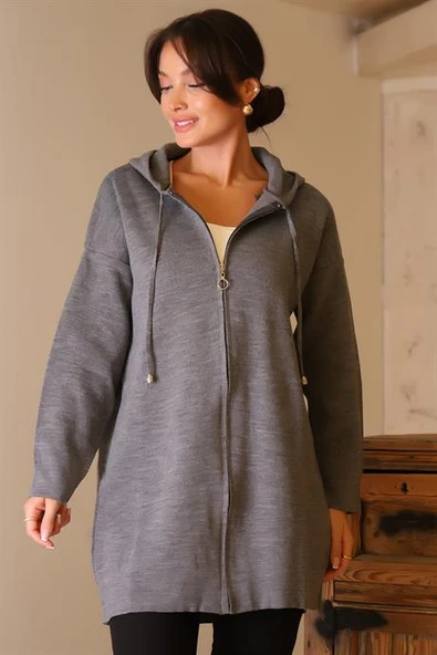 FERMUARLI KAPÜŞONLU GRİ KADIN HIRKA 6176-2K5 - 4