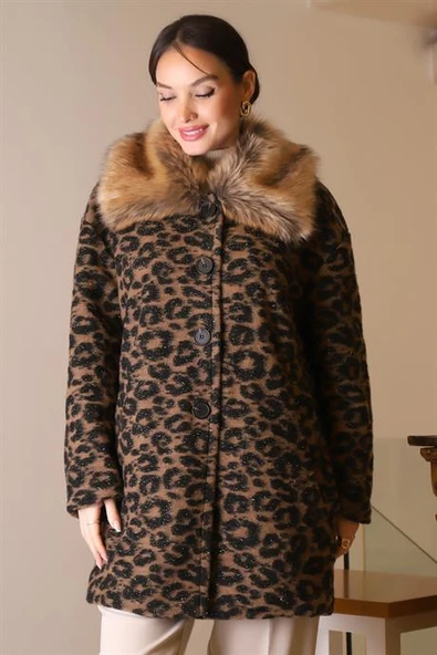 KÜRK YAKALI LEOPAR KADIN MONT 5659-2K5 - 2