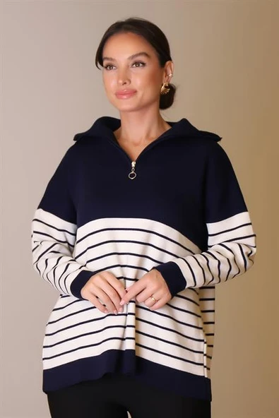 YAKASI FERMUARLI UZUN KOLLU LACİ KADIN KAZAK 5221-2K5 - 3