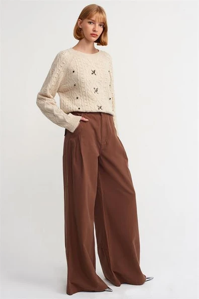 Bisiklet Yaka Önü Taş İşlemeli Bej Kadın Kazak 10462-2K5 - Resim 2