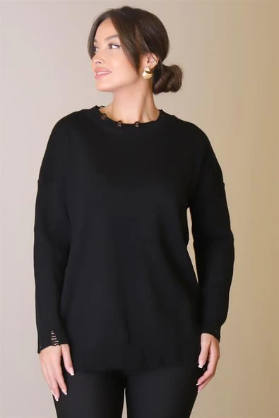 BİSİKLET YAKA UZUN KOLLU SİYAH KADIN KAZAK  6167-2K5 - Resim 2