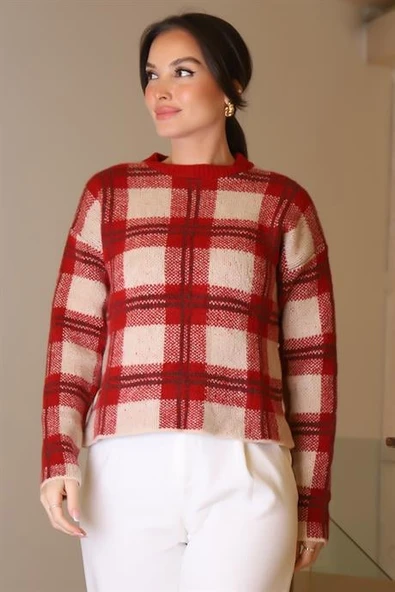 SIFIR YAKA EKOSE KIRMIZI KADIN TRİKO KAZAK 5139-2K5 - Resim 2