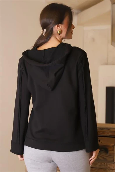UZUN KOLLU KAPÜŞONLU SİYAH KADIN SWEATSHİRT  8099-2K4 - 6