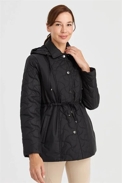 KAPÜŞONLU BELİ BAĞCIKLI SİYAH KADIN MONT  23401-2K5 - 2