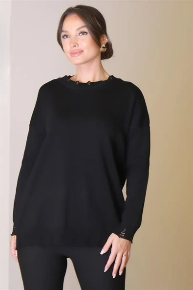 BİSİKLET YAKA UZUN KOLLU SİYAH KADIN KAZAK  6167-2K5 - Resim 4