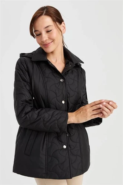KAPÜŞONLU BELİ BAĞCIKLI SİYAH KADIN MONT  23401-2K5 - 6