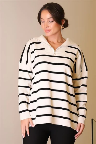 ÇİZGİLİ UZUN KOLLU TAŞ KADIN KAZAK  6081-2K5 - Resim 2