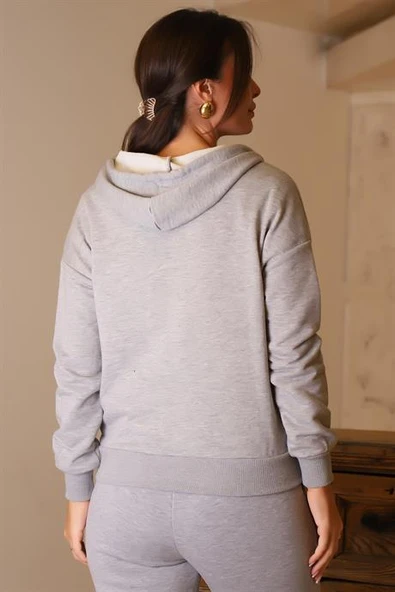 FERMUARLI KAPÜŞONLU GRİ KADIN SWEATSHİRT 0852-2K5 - 6