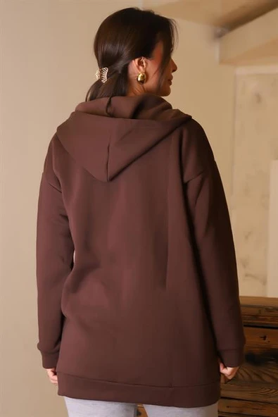 UZUN KOLLU KAPÜŞONLU KAHVE KADIN SWEATSHİRT 3055-2K5 - 5