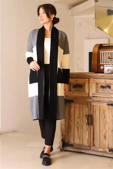 ŞAL YAKA UZUN KOLLU SİYAH KADIN HIRKA 6172-2K5 - Resim 4