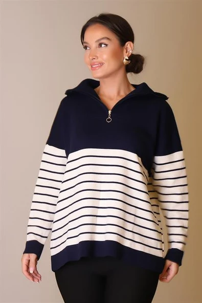 YAKASI FERMUARLI UZUN KOLLU LACİ KADIN KAZAK 5221-2K5 - 2