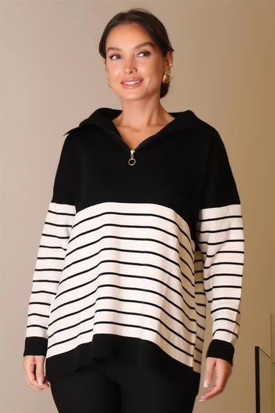 YAKASI FERMUARLI UZUN KOLLU SİYAH  KADIN KAZAK 5221-2K5 - 4