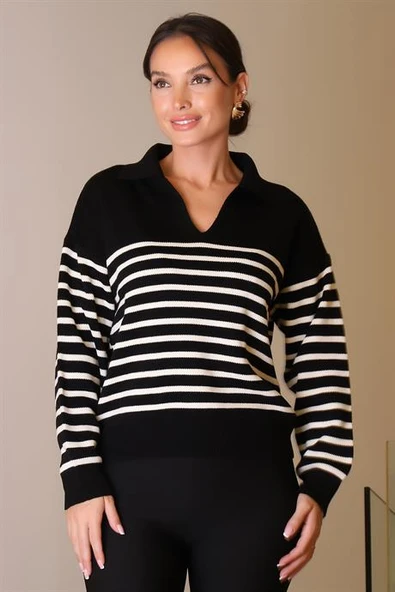 V YAKA ÇİZGİLİ UZUN KOLLU SİYAH KADIN KAZAK  6186-2K5 - Resim 3