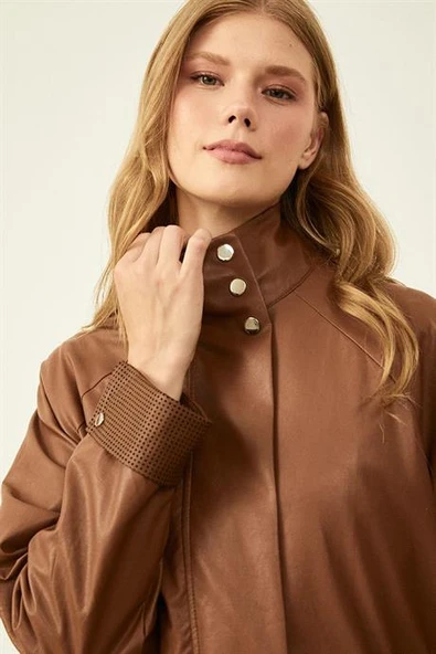 BELDEN BAĞLAMALI UZUN KOLLU CAMEL KADIN KAP 14018-2K5 - 4