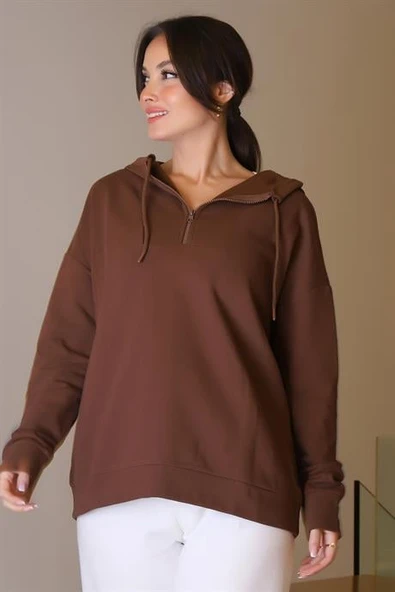 KAPÜŞONLU YAKASI FERMUARLI KAHVE KADIN SWEATSHİRT 2052-2K5 - 2