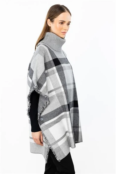 Balıkçı Yaka Ekose Desenli Gri Panço 43360-2K5 - 3