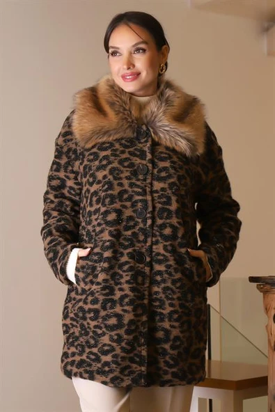 KÜRK YAKALI LEOPAR KADIN MONT 5659-2K5 - 1