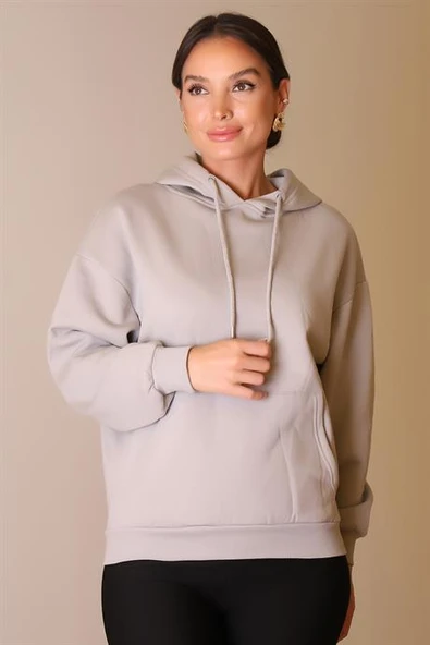 KANGURU CEPLİ KAPÜŞONLU GRİ KADIN SWEATSHİRT W0010224-2K5 - 4