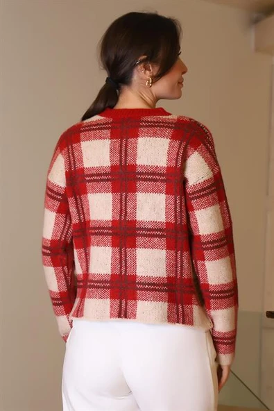 SIFIR YAKA EKOSE KIRMIZI KADIN TRİKO KAZAK 5139-2K5 - Resim 4