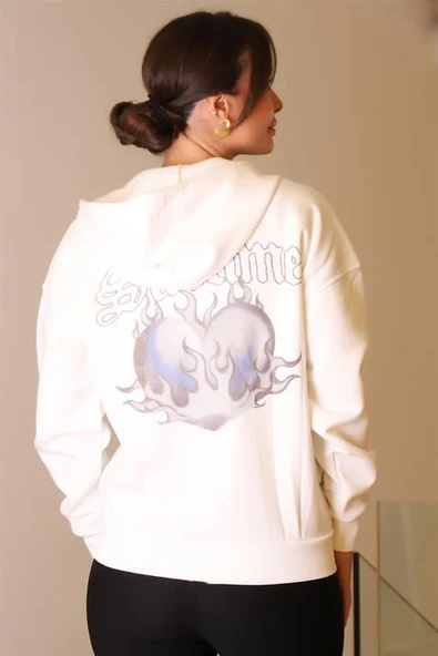 UZUN KOLLU KAPÜŞONLU EKRU KADIN SWEATSHİRT W0011238-2K5 - 5