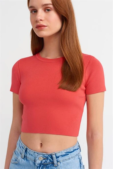 Bisiklet Yaka Kısa Kol Crop Kırmızı Kazak 10357-2Y4 - Resim 3