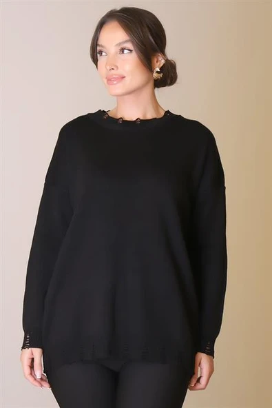 BİSİKLET YAKA UZUN KOLLU SİYAH KADIN KAZAK  6167-2K5 - Resim 3