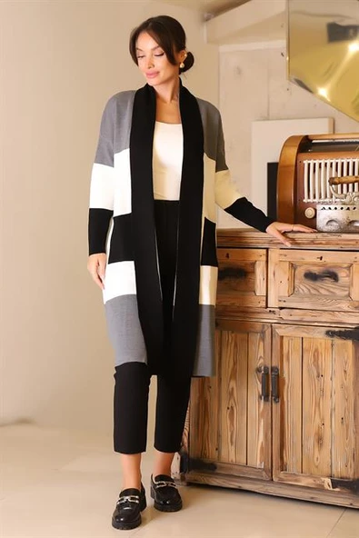 ŞAL YAKA UZUN KOLLU SİYAH KADIN HIRKA 6172-2K5 - Resim 2