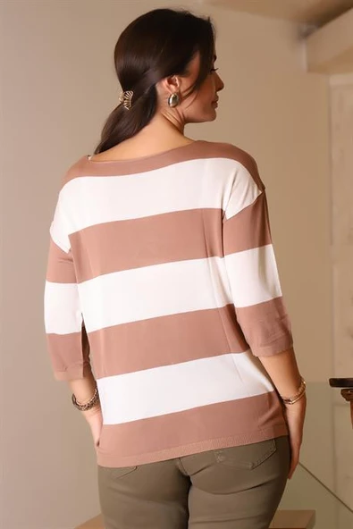 SIFIR YAKA YARIM KOLLU KAHVE KADIN TRİKO 184-2K5 - 5