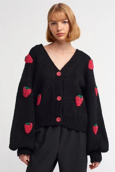 V Yaka Çilek Nakışlı Balon Kol  Siyah Kadın Triko 60185-2K5 ürün görseli