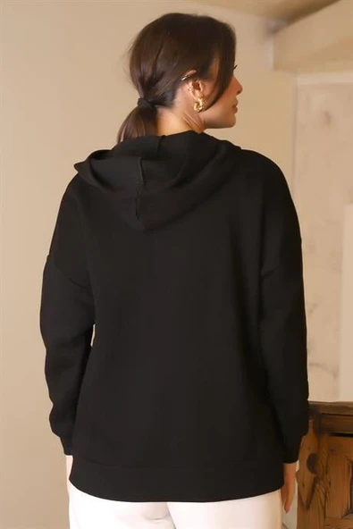 FERMUARLI KAPÜŞONLU SİYAH KADIN SWEATSHİRT 3064-2K5 - 4