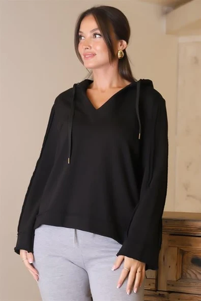 UZUN KOLLU KAPÜŞONLU SİYAH KADIN SWEATSHİRT  8099-2K4 - 2