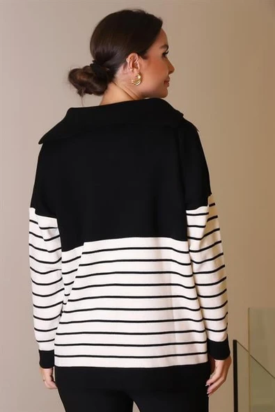 YAKASI FERMUARLI UZUN KOLLU SİYAH KADIN KAZAK 5221-2K5 - 5