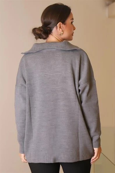 YAKASI FERMUARLI UZUN KOLLU GRİ KADIN KAZAK 5219-2K5 - Resim 6